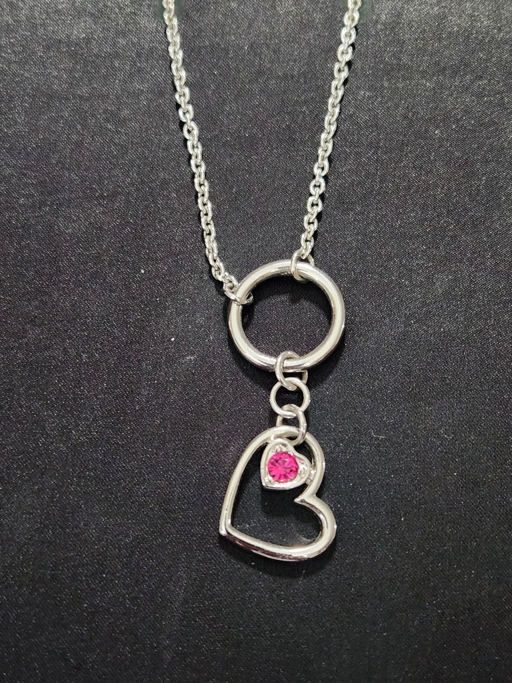 Silver Heart Pendant Charm Necklace with Pink Crystal Accent